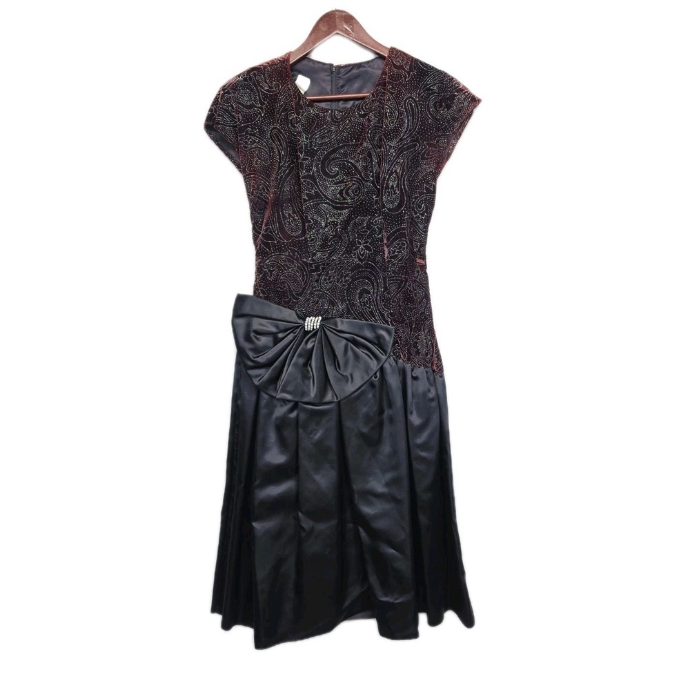 Vtg Dress 80s Velvet XS Drop Waist Puff Sleeve Satin Bow Glam Party Prom 3176